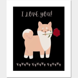 Puppy Dog with a Red Rose, I Love You Posters and Art